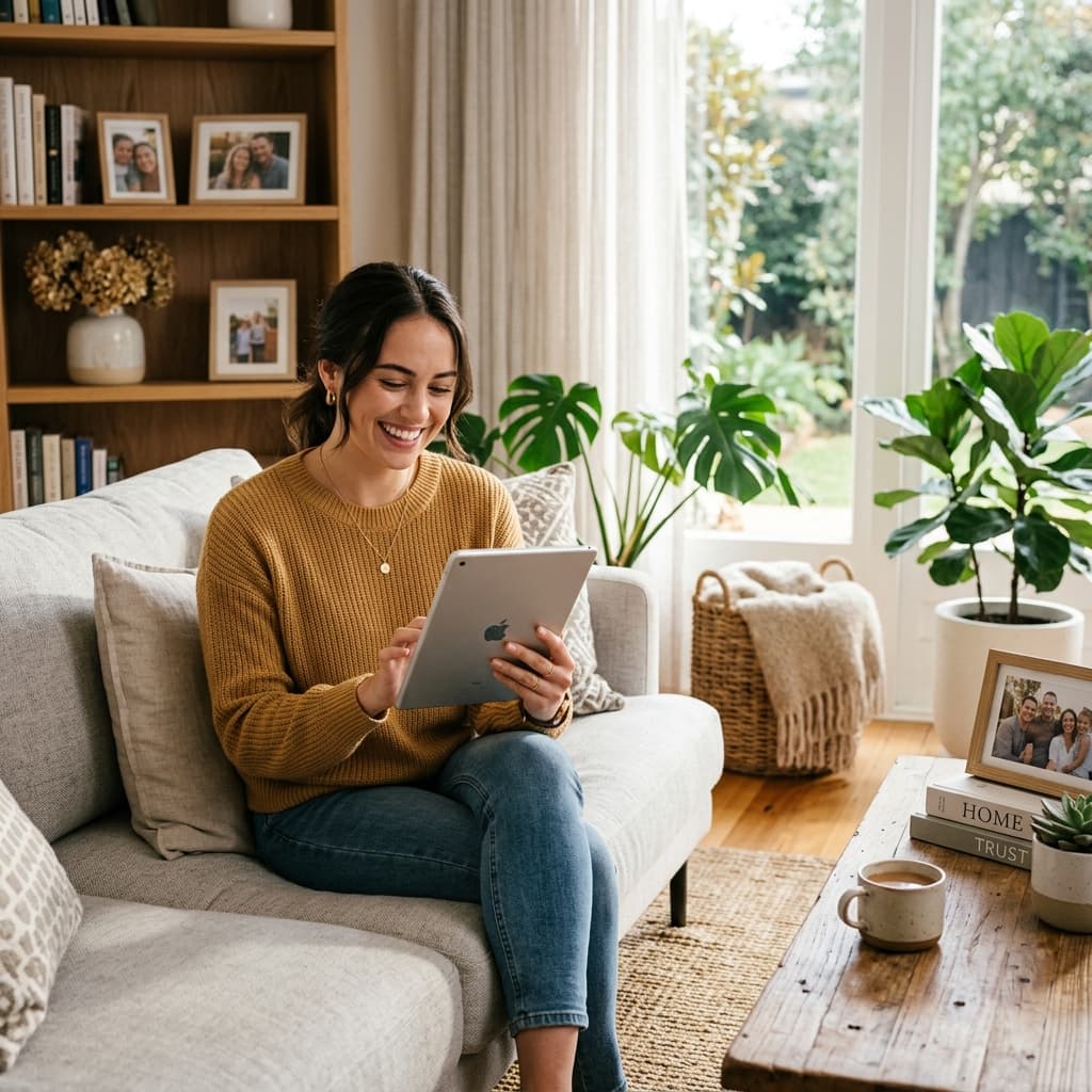 A woman tracking her family loan on a tablet