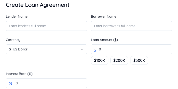 The Create Loan Agreement form with Lender Name and Borrower Name fields