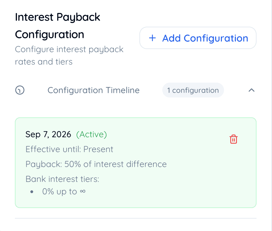 An active interest payback configuration showing 50 percent payback and a single bank interest tier