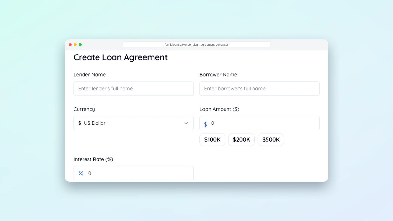 The Create Loan Agreement form with Lender Name and Borrower Name fields