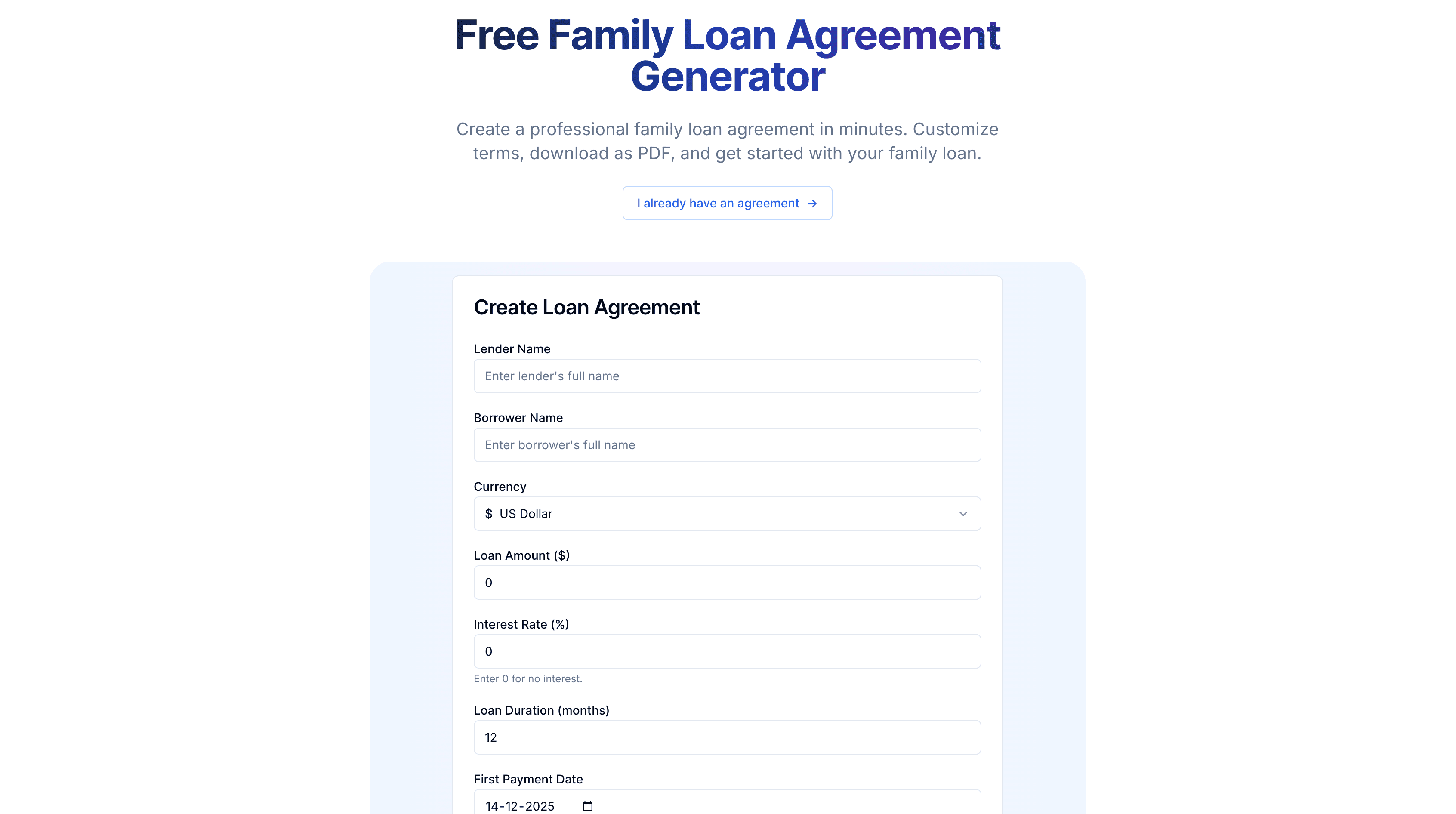 Family loan agreement generator interface