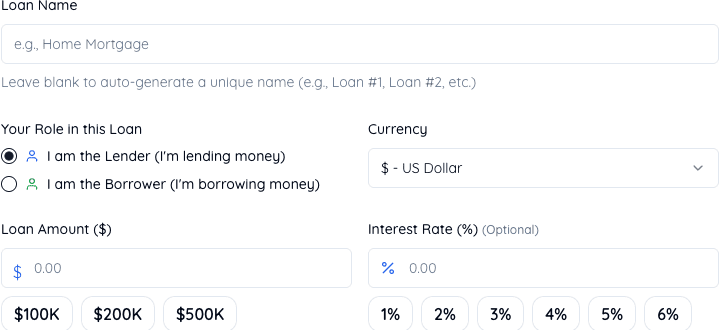 The top of the loan creation form: loan name, the role selector (I am the Lender or I am the Borrower), and currency, which together determine who owns the loan