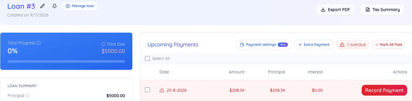 An overdue payment row highlighted in red, with the overdue badge and Mark All Paid button in the Upcoming Payments header