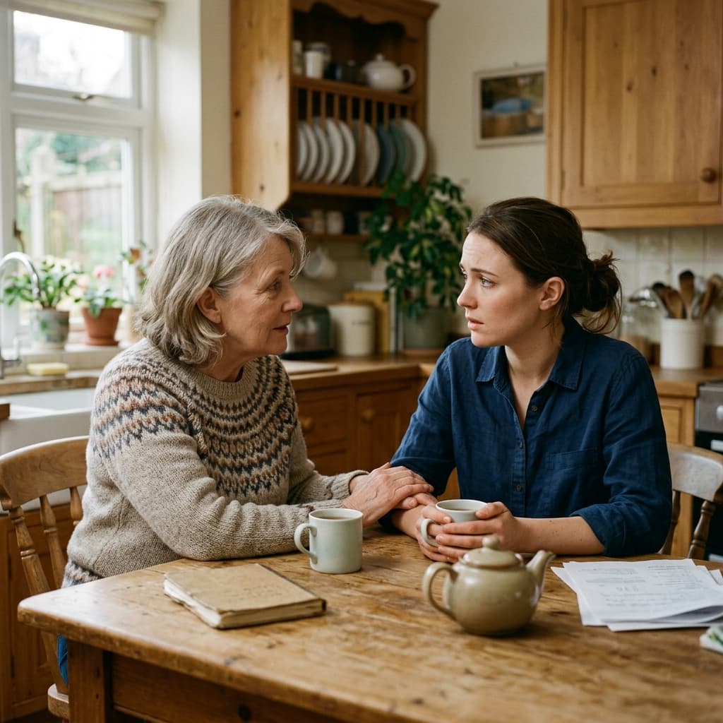 A thoughtful and compassionate conversation between two family members at a kitchen table, discussing difficult boundaries.
