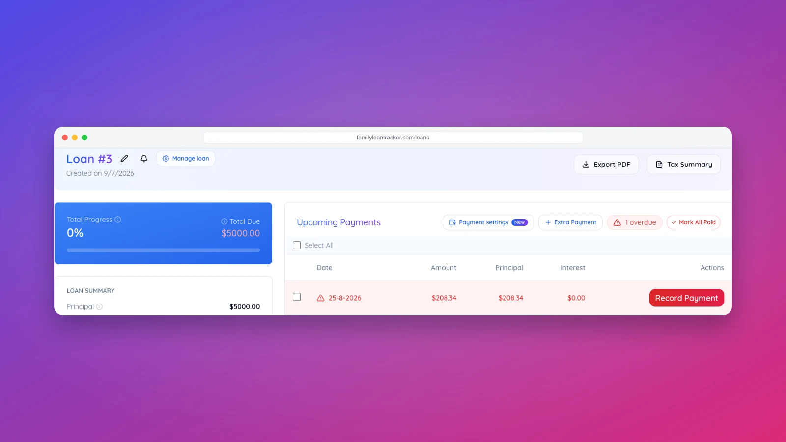 An overdue payment row highlighted in red, with the overdue badge and Mark All Paid button in the Upcoming Payments header