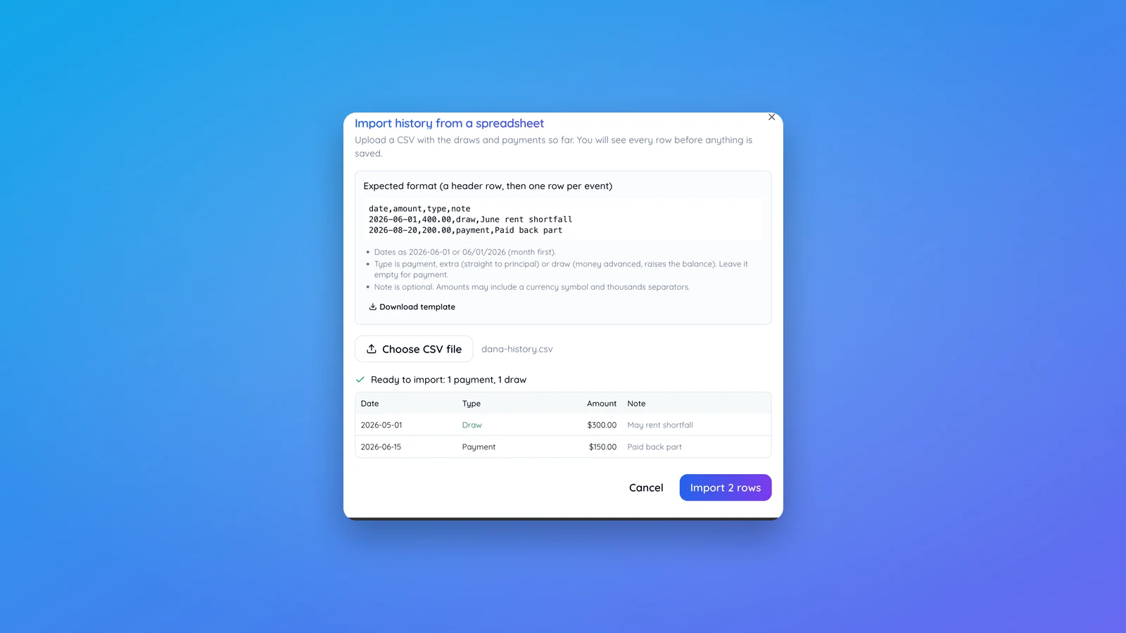 The import dialog showing the expected CSV format and a preview of a draw and a payment ready to import