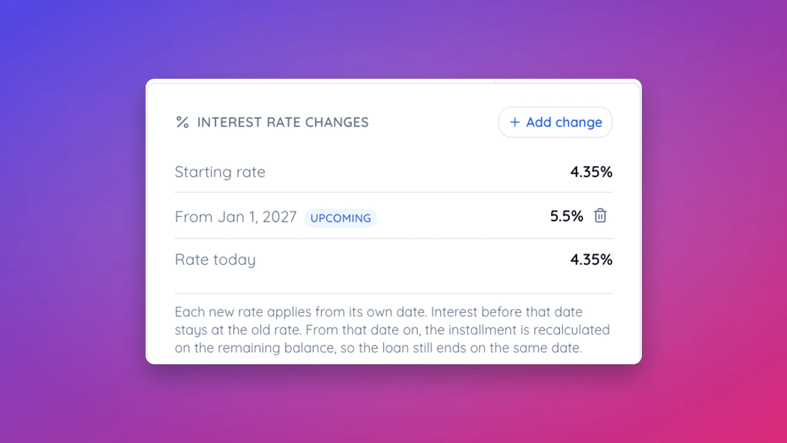 The Interest rate changes card showing a starting rate, a dated change and the rate in force today