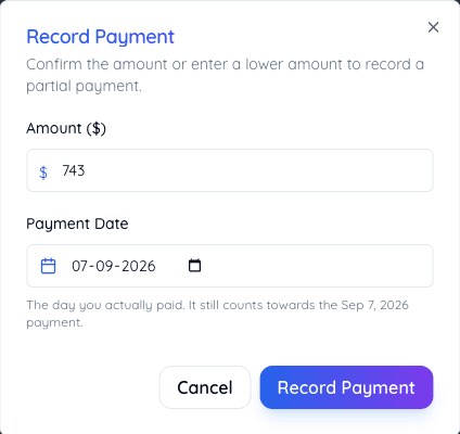 The Record Payment dialog showing the amount to confirm and the payment date field