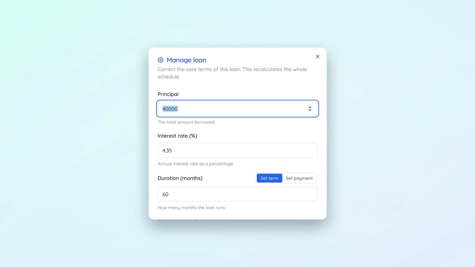 The Manage loan modal showing editable principal, interest rate, and duration fields