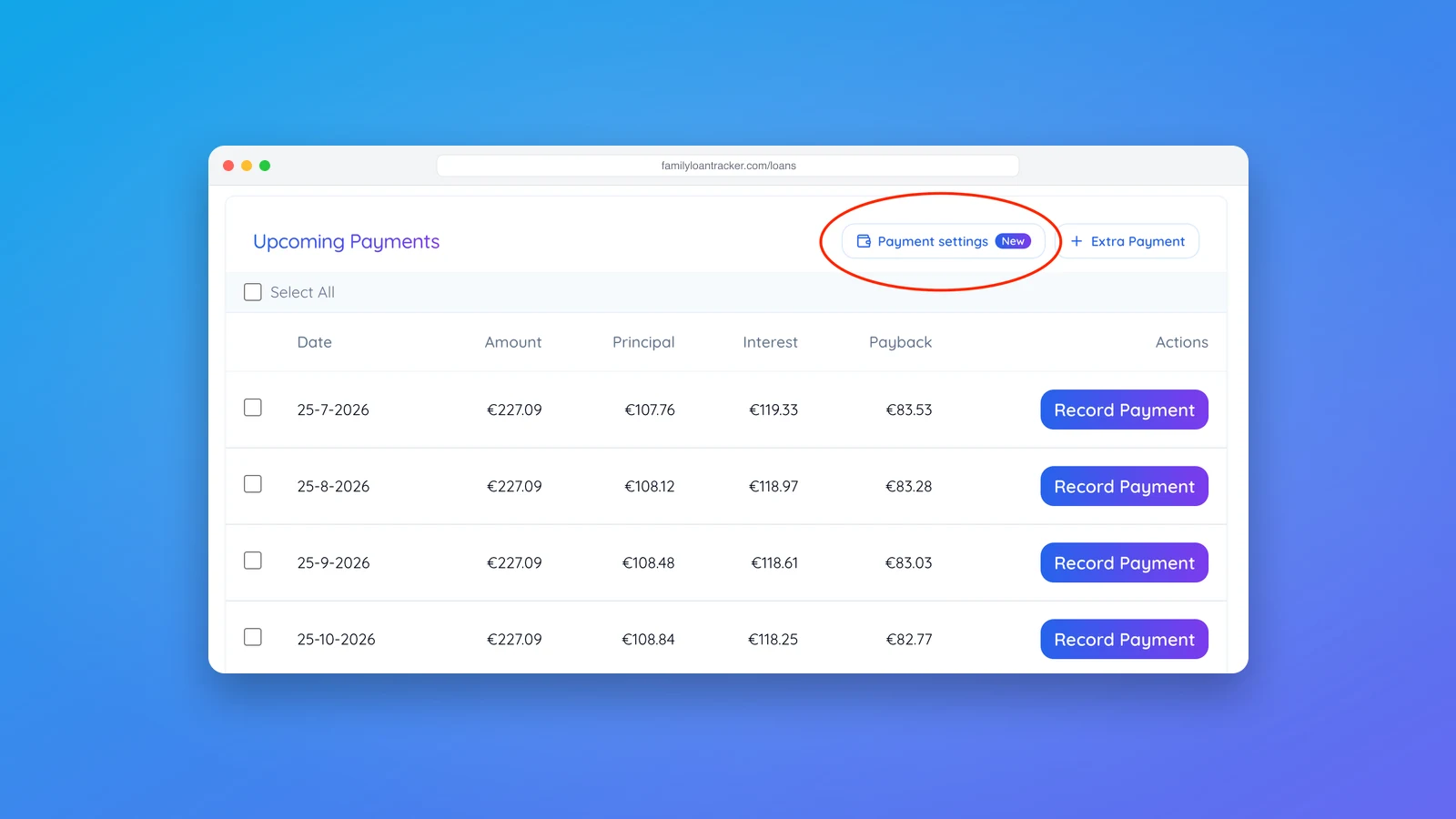 The Payment settings button with a New badge in the Upcoming Payments section of a family loan