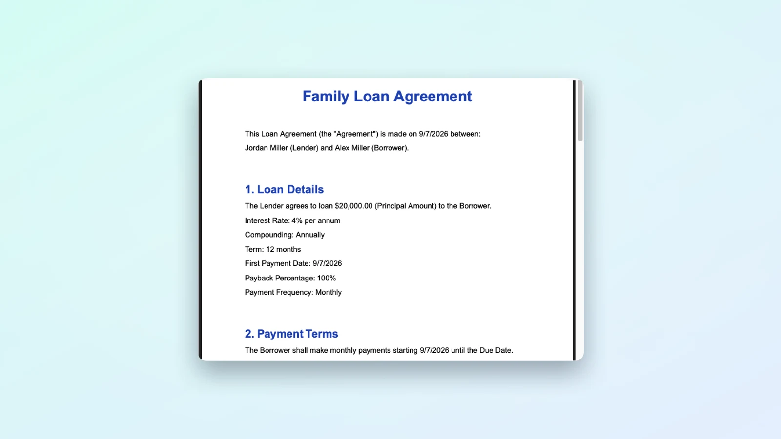 A generated Family Loan Agreement showing the loan details and payment terms section