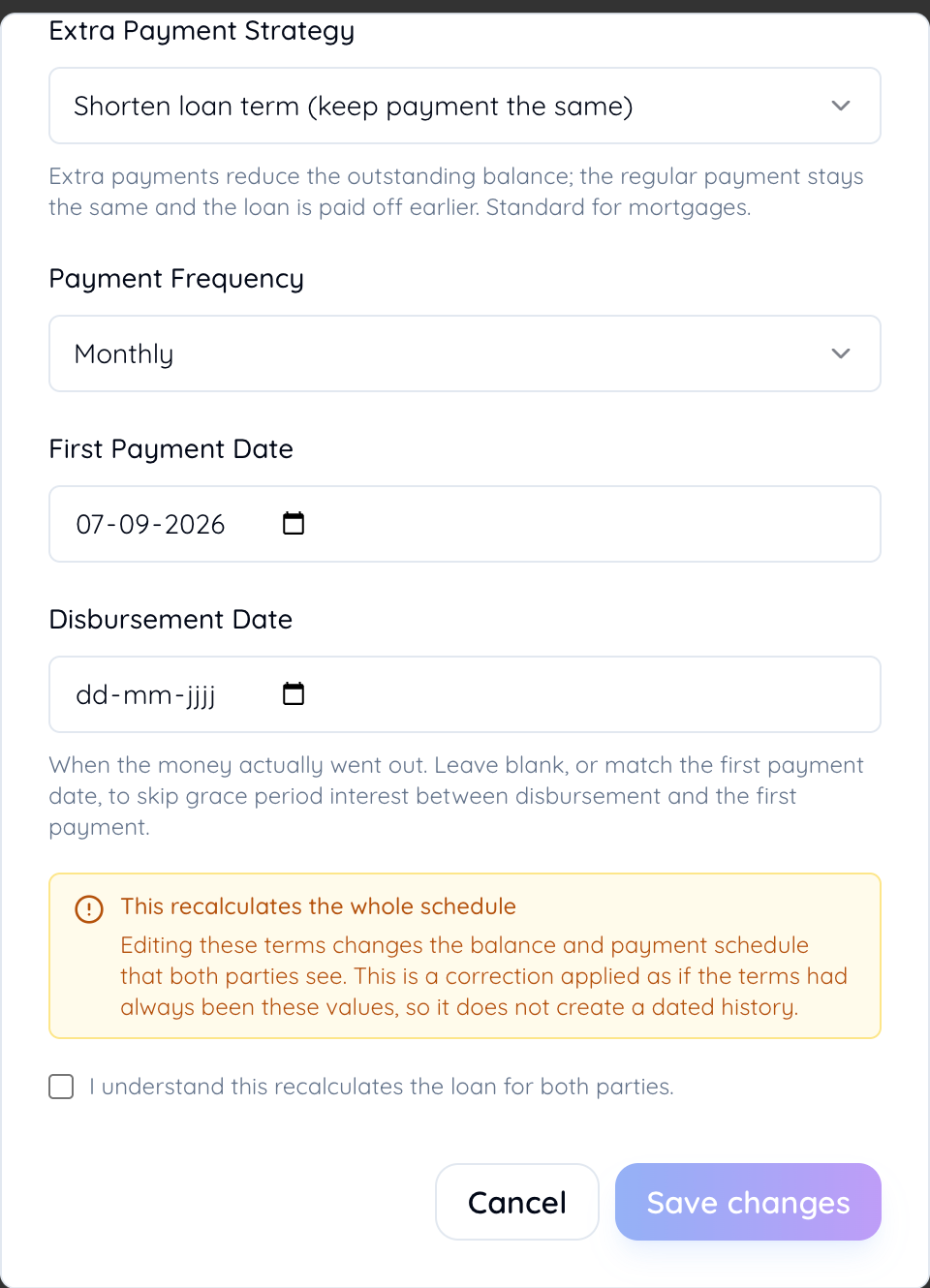 The rest of the Manage loan modal: payment frequency, dates, and the confirmation checkbox