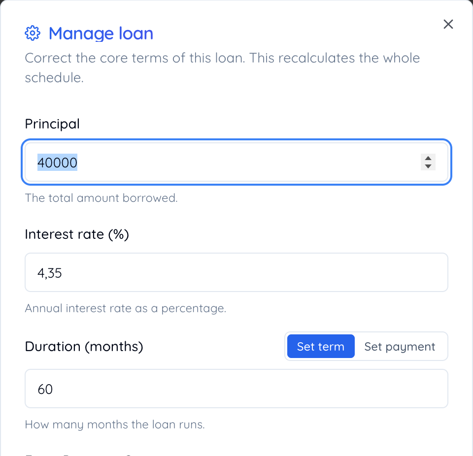 The Manage loan modal showing principal, interest rate, and the Set term / Set payment toggle