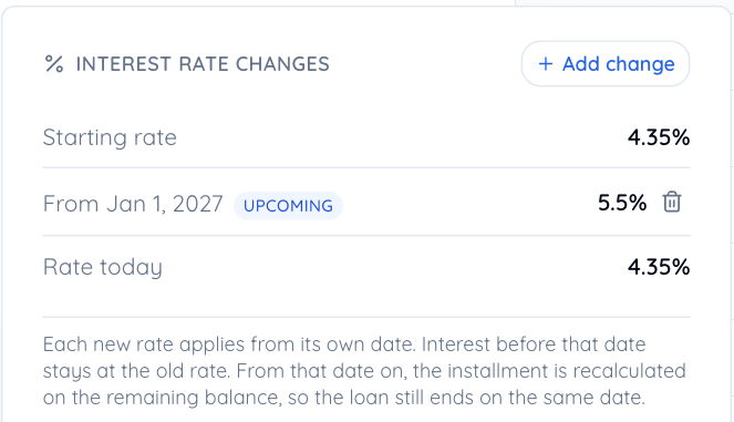 The Interest rate changes card with a starting rate, an upcoming change and the rate in force today
